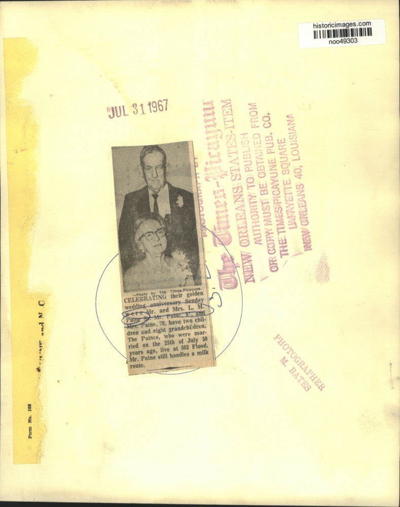 1967 Press Photo Mr. and Mrs. L.M. Paine Senior, 50th wedding anniversary