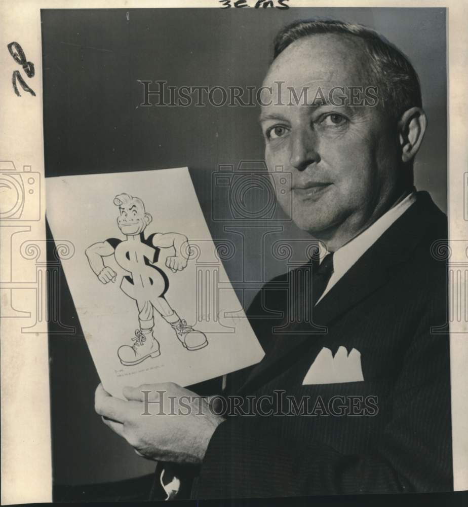 1962 Press Photo H. Bruce Palmer with cartoon &quot;Buck Strong&quot; by Al Capp