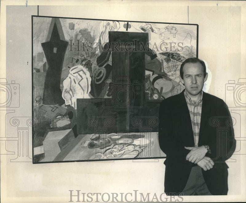 Load image into Gallery viewer, 1969 Press Photo John Opie and one of his paintings at Galerie Simonne Stern
