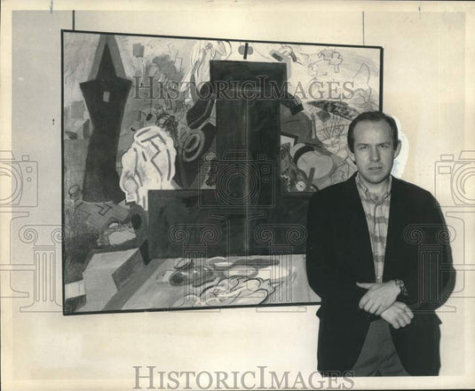 1969 Press Photo John Opie and one of his paintings at Galerie Simonne Stern