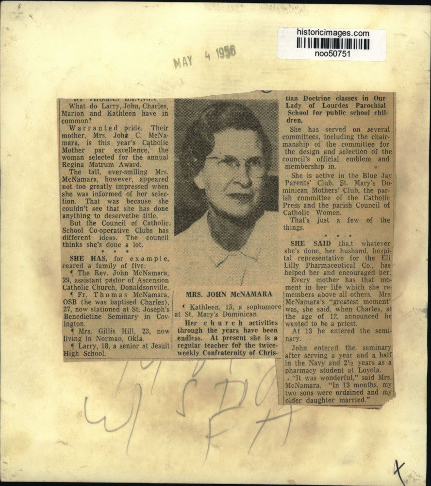 1956 Press Photo Mrs. John C. McNamara, recipient of the Reginal Matrum award