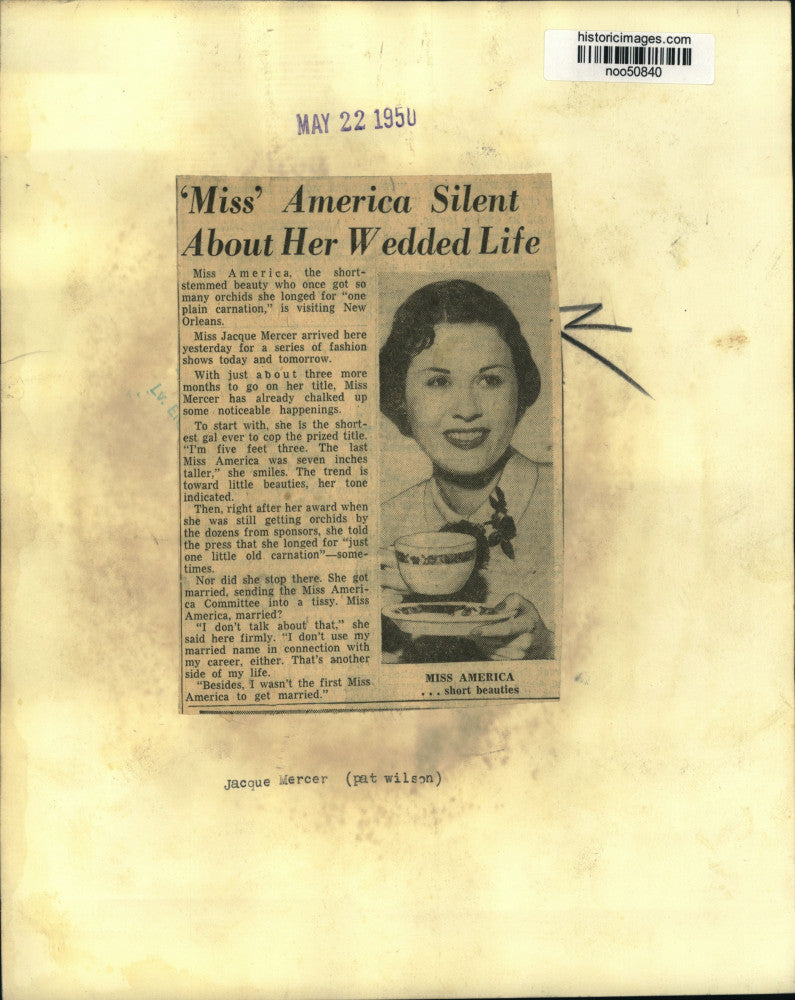 1950 Press Photo Miss America Jacque Mercer visiting New Orleans - noo50840