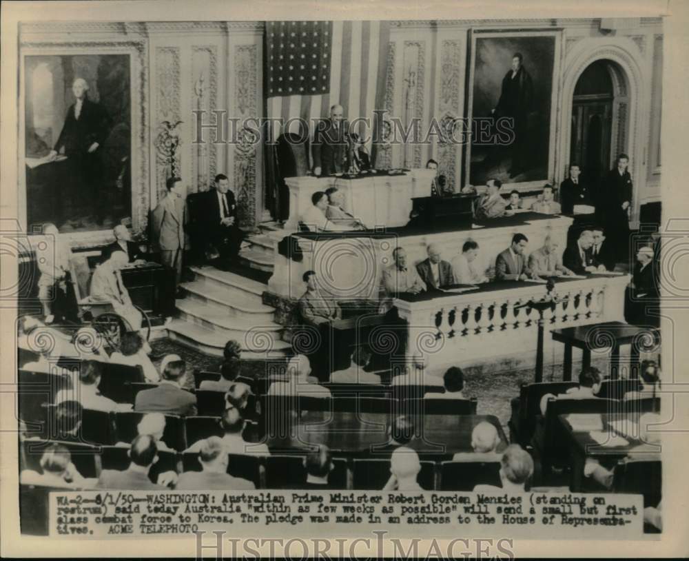 1950 Press Photo Australia's P.M. Robert Gordon Menzies addresses U.S. Congress