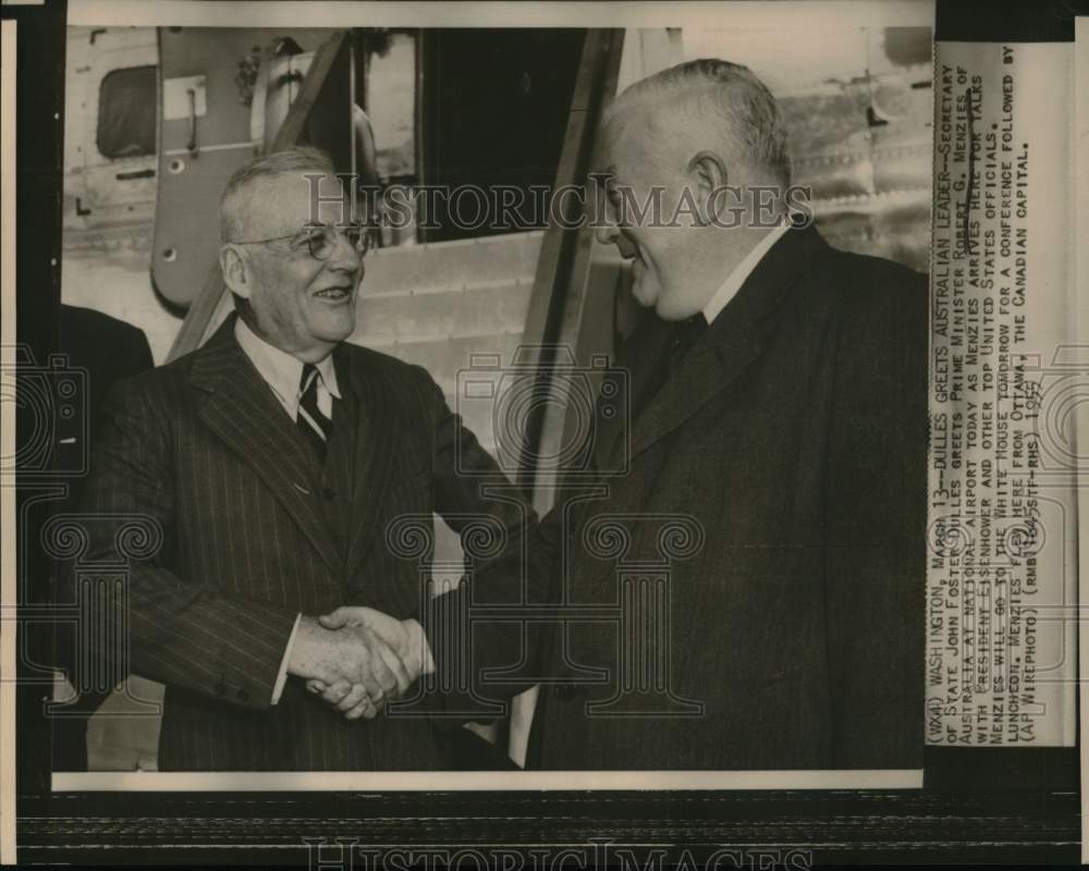 1955 Press Photo John Foster Dulles greets Prime Minister Robert G. Menzies