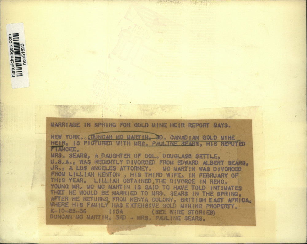 1936 Press Photo Duncan McMartin III with his fiancee Pauline Sears in New York