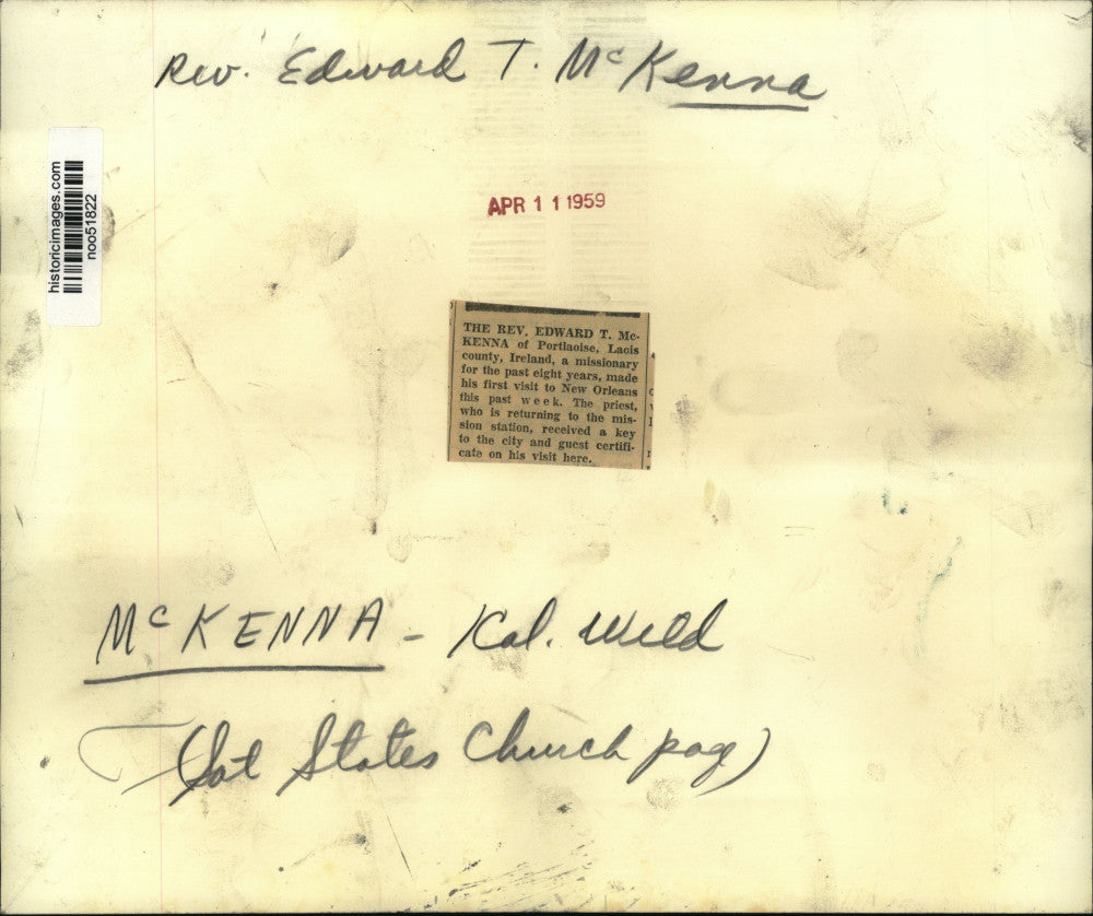 1959 Press Photo Reverend Edward T. McKenna honored by the City of New Orleans