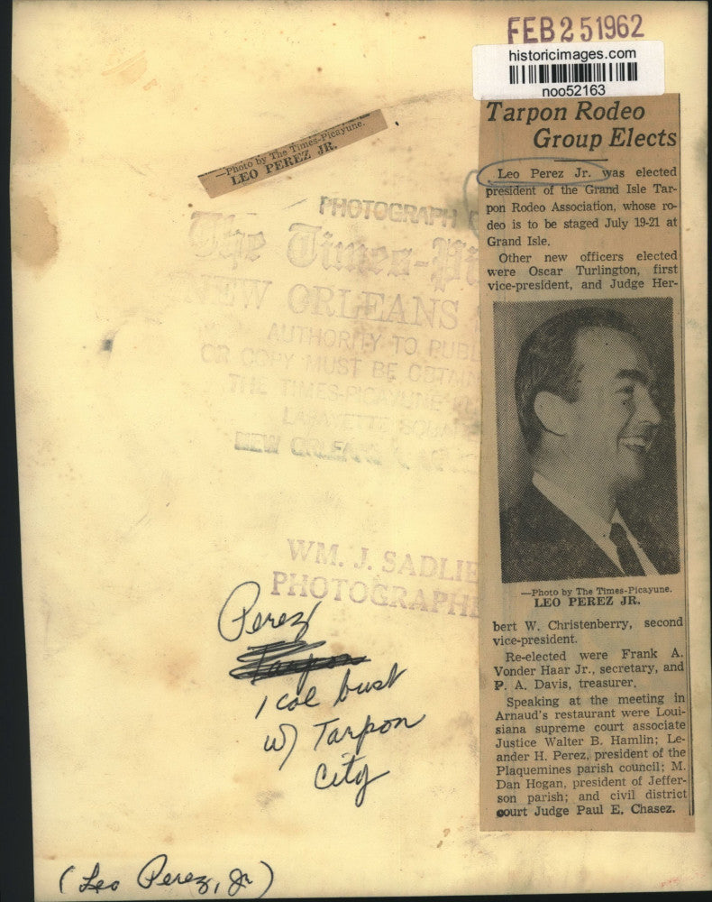 Load image into Gallery viewer, 1962 Press Photo Leo Perez Jr., President of Grand Isle Tarpon Rodeo Association
