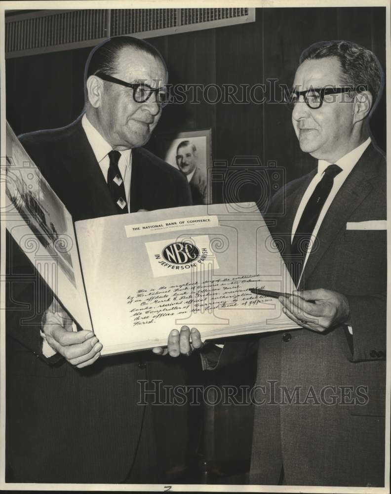 Load image into Gallery viewer, 1965 Press Photo Vic J. Passera &amp; F.M. Laguenec Jr.- National Bank of Commerce
