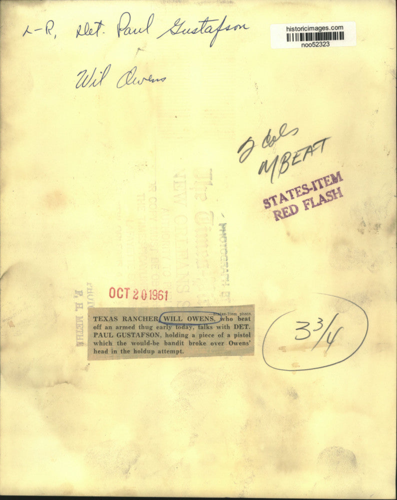 1961 Press Photo Texas Rancher Will Owens with Det. Paul Gustafson - noo52323