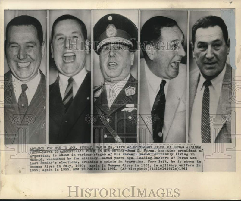 Load image into Gallery viewer, 1962 Press Photo Juan Peron former Argentinian president- Various stages- career
