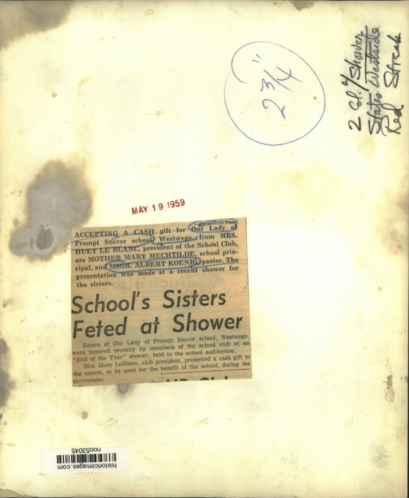 1959 Press Photo Our Lady of Prompt Succor school receiving donations