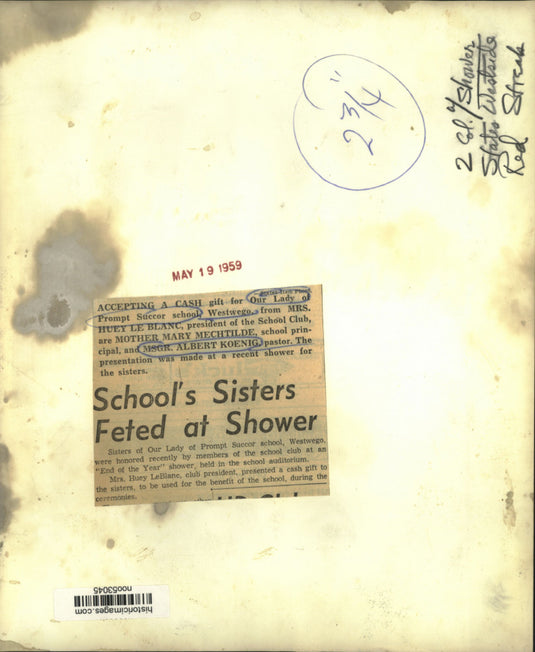 1959 Press Photo Our Lady of Prompt Succor school receiving donations