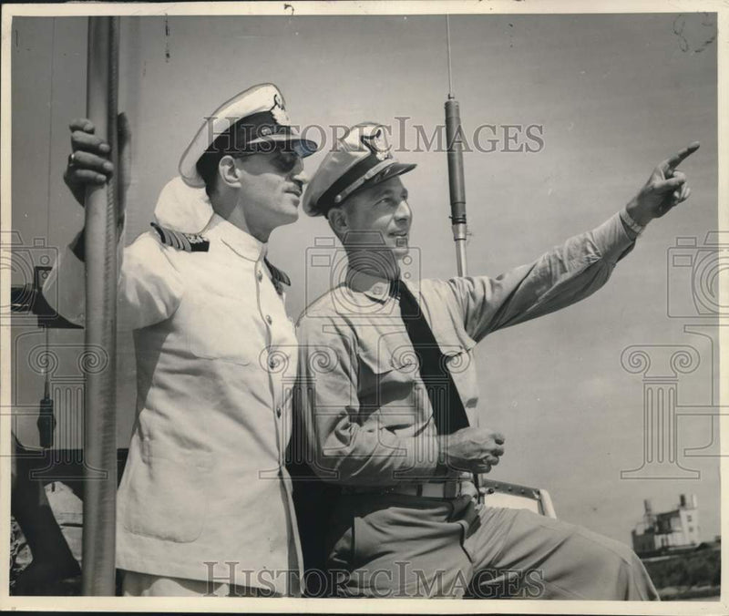 Load image into Gallery viewer, 1953 Press Photo Commander P. Pagonis &amp; A.H. Ebert aboard the S.S. Helenic Sky
