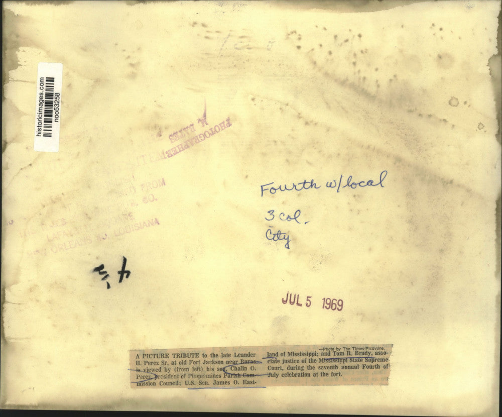 1969 Press Photo Tribute to the late Leander H. Perez Sr. at old Fort Jackson