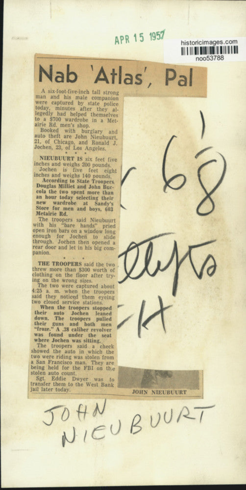 Load image into Gallery viewer, 1957 Press Photo John Nieubuurt, arrested for burglary and auto theft
