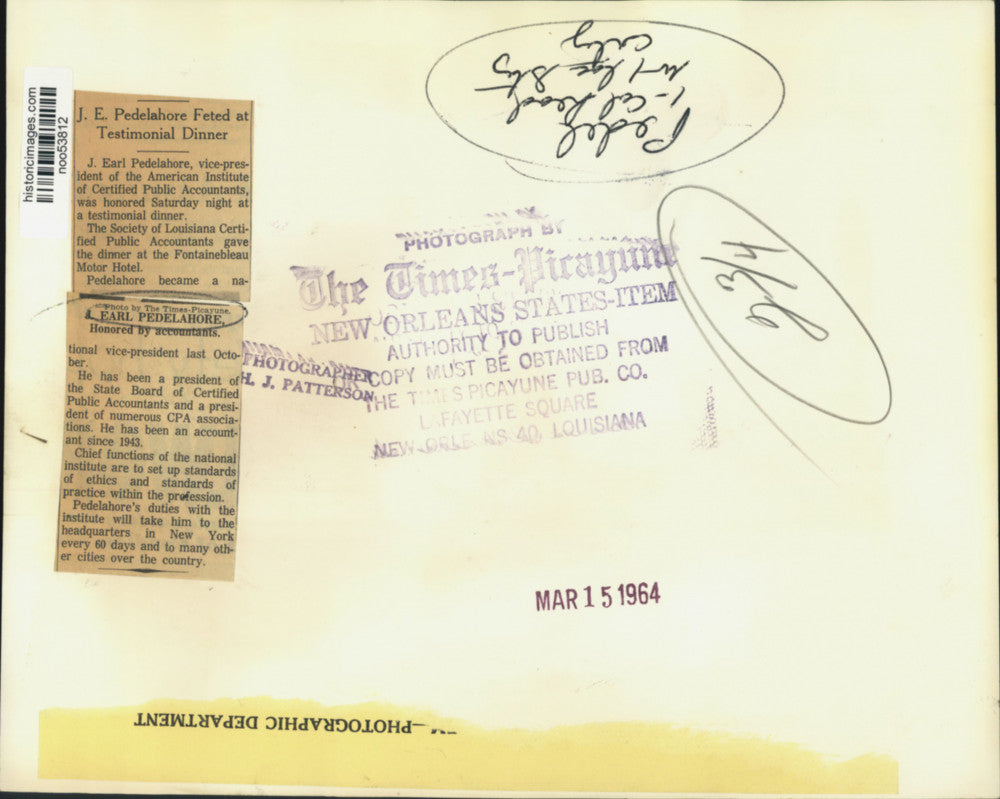 1964 Press Photo J. Earl Pedelahore honored by the Society of Louisiana CPAs