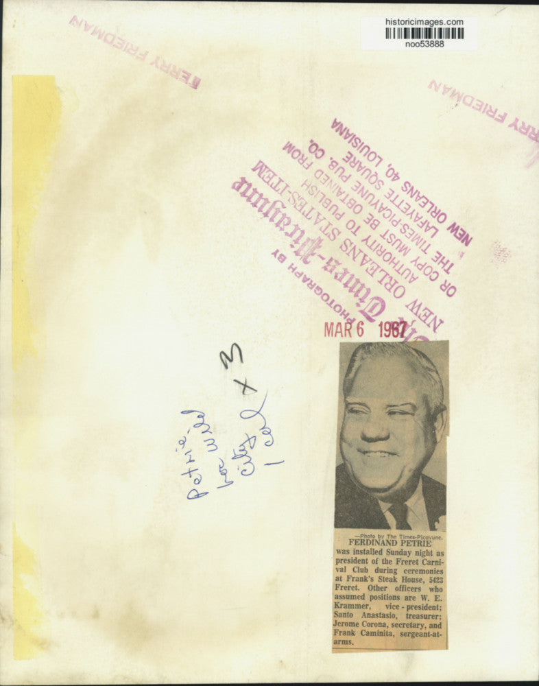 1967 Press Photo Ferdinand Petrie, president of the Freret Carnival Club