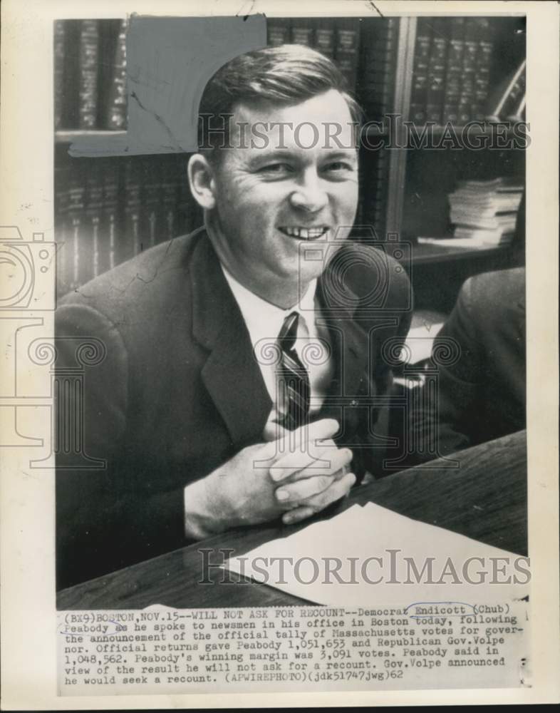 Load image into Gallery viewer, 1962 Press Photo Endicott Peabody speaking to newsmen at his Boston office
