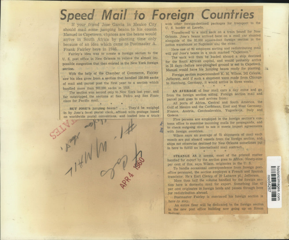 1960 Press Photo A. Frank Fairley on creating foreign section US Post Office