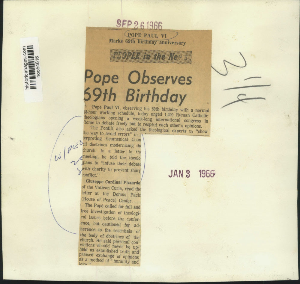 1966 Press Photo Pope Paul VI marks 69th birthday anniversary - noo54616