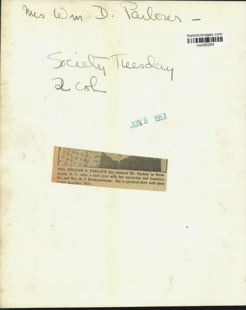 1953 Press Photo Mrs. William Parlour with daughter Eve in Washington D.C.