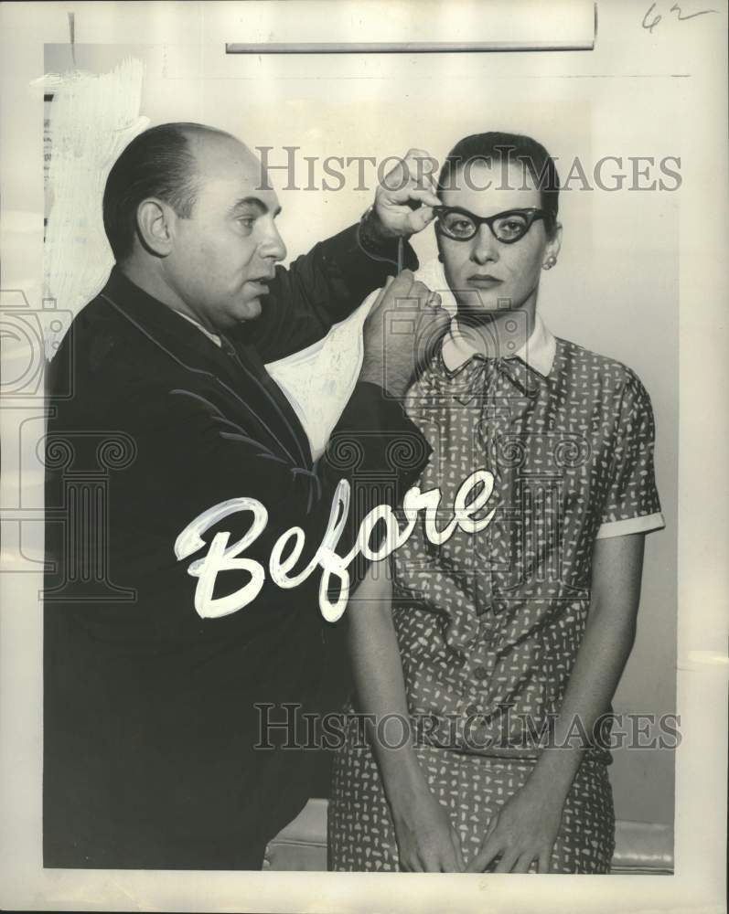 1958 Press Photo Makeup artist Del Russo checks Joan Bernardâ€™s glasses- Historic Images