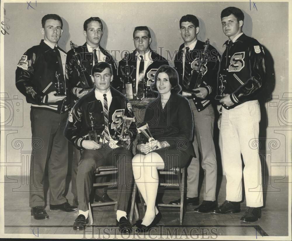 1968 Press Photo Top Winners &amp; Trophies at St. James High Football Band Banquet- Historic Images