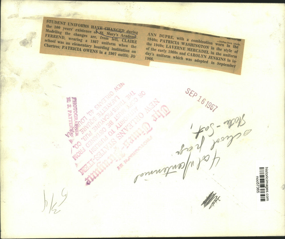 1967 Press Photo Student Uniforms during 100 years' of St. Mary's Academy