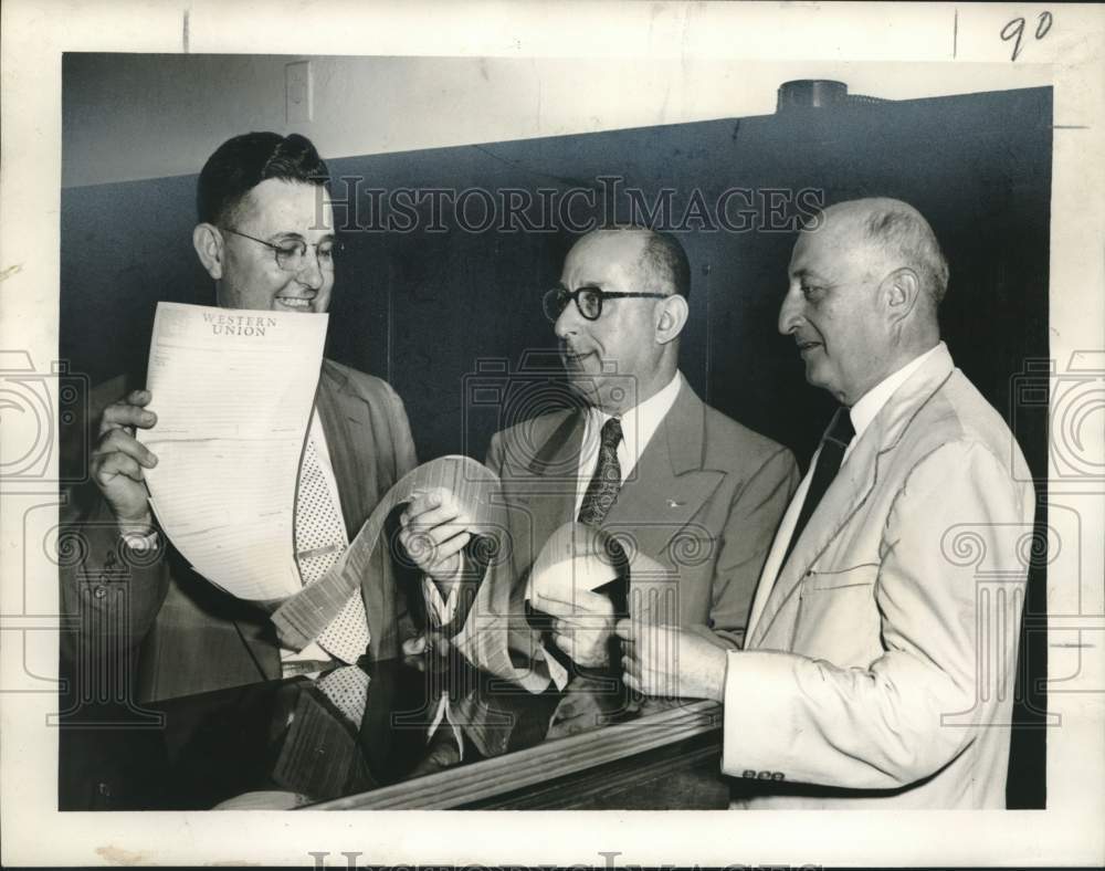 1954 Press Photo Senators Ellender &amp; Long with telegram condemning arms to Iraq- Historic Images