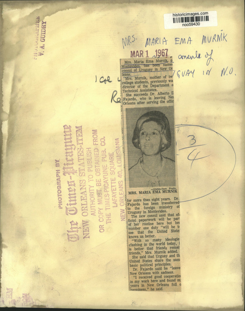 1967 Press Photo Maria Ema Murnik, Consul of Uruguay in New Orleans - noo59430