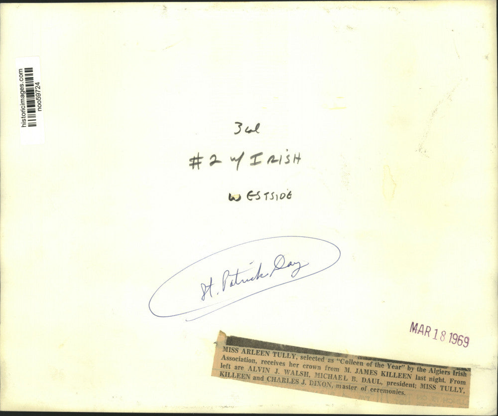 1969 Press Photo Arleen Tully, named "Colleen of the Year" by Algiers Irish