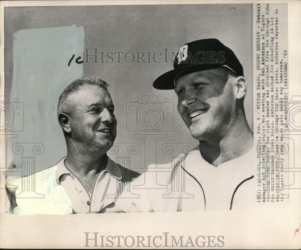 1963 Press Photo Bob Scheffing with Steve Boros at Tigers training camp- Florida- Historic Images