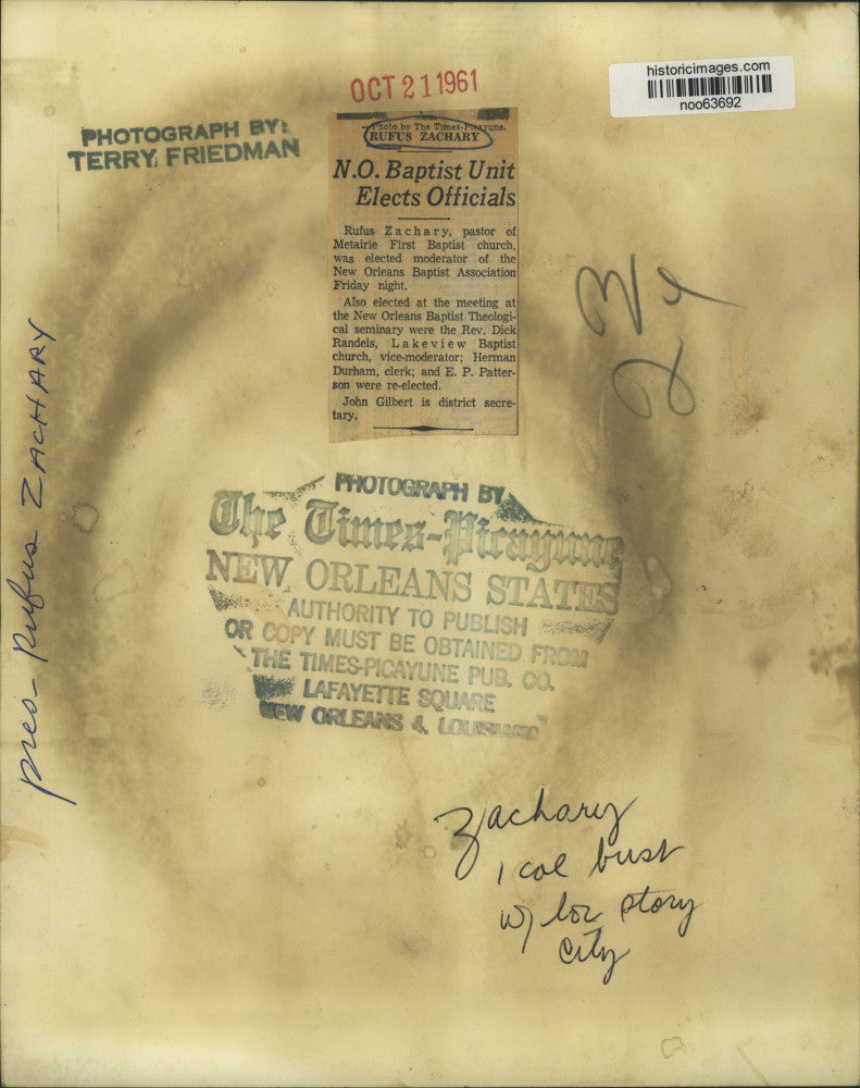 1961 Press Photo Rufus Zachary, Pastor of Metairie First Baptist Church