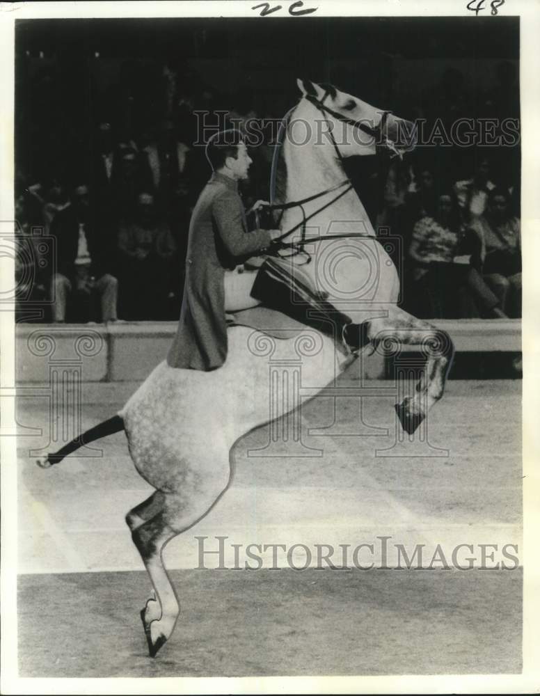 1972 Press Photo Albert Ostermaire in saddle at The Wonderful World of Horses- Historic Images