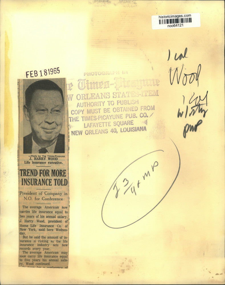 1965 Press Photo J. Harry Wood, president of Home Life Insurance Company