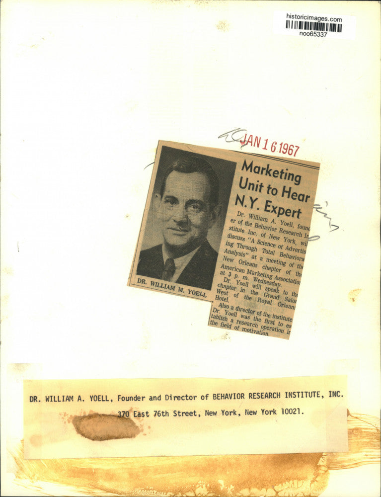 1967 Press Photo Dr. William A. Yoell, founder of Behavior Research Institute