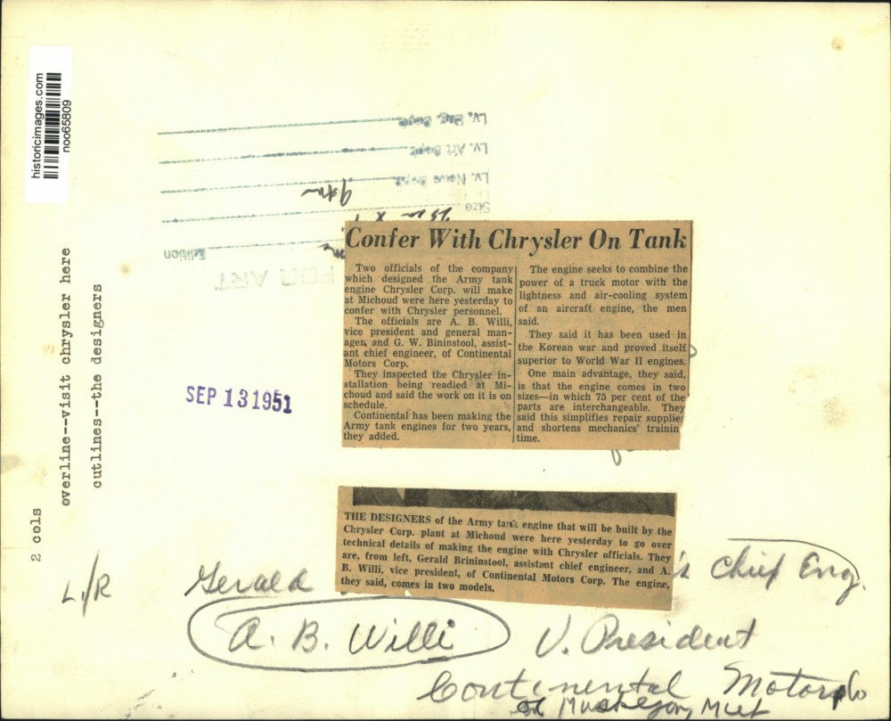 1951 Press Photo Gerald Brininstool, A.B. Willi, designers of Army tank engine