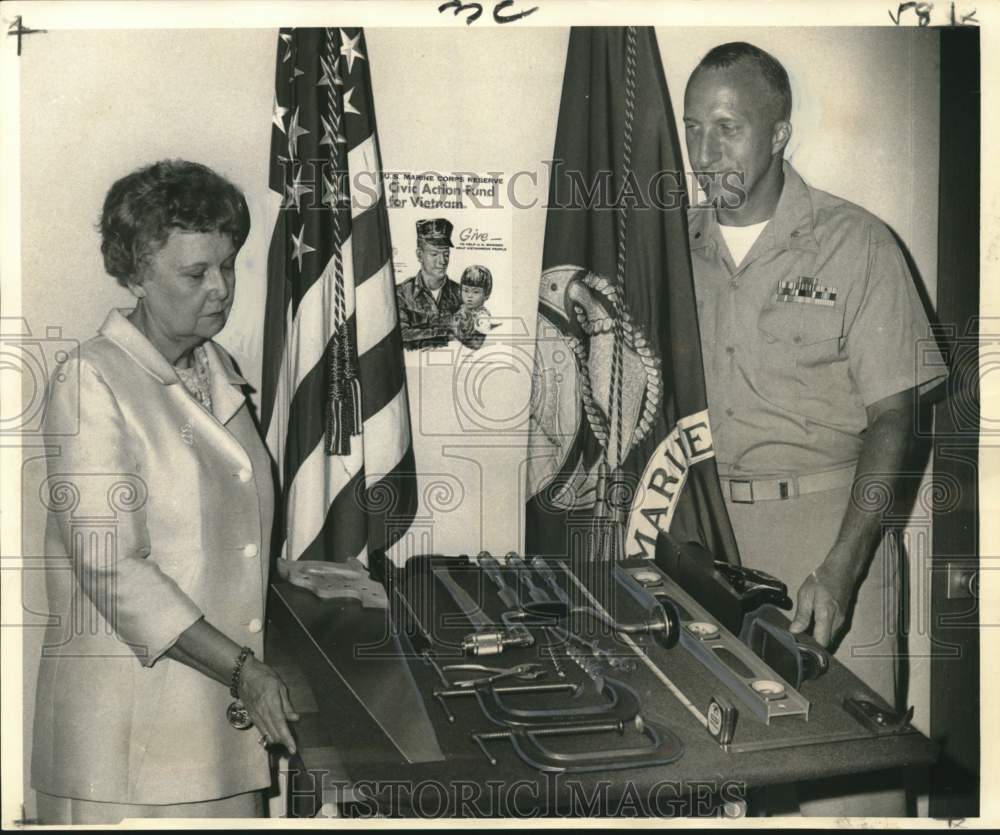 1968 Press Photo Mrs. Joseph B. Wrenn, Lt. Colonel Philip J. Bongaerts and Tools