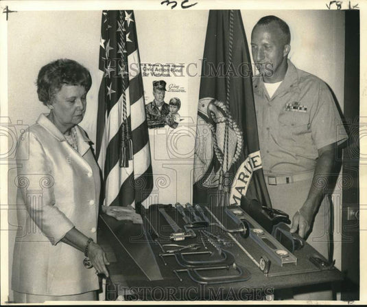1968 Press Photo Mrs. Joseph B. Wrenn, Lt. Colonel Philip J. Bongaerts and Tools