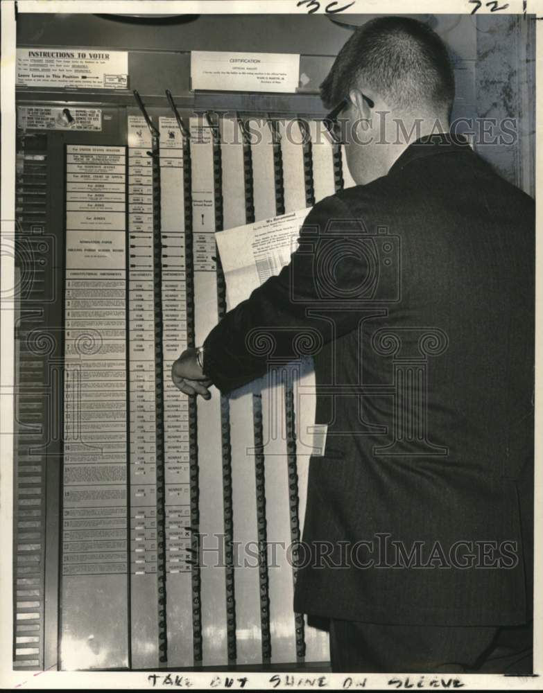 1966 Press Photo Man presses levers in Voting Machine Booth for Election- Historic Images