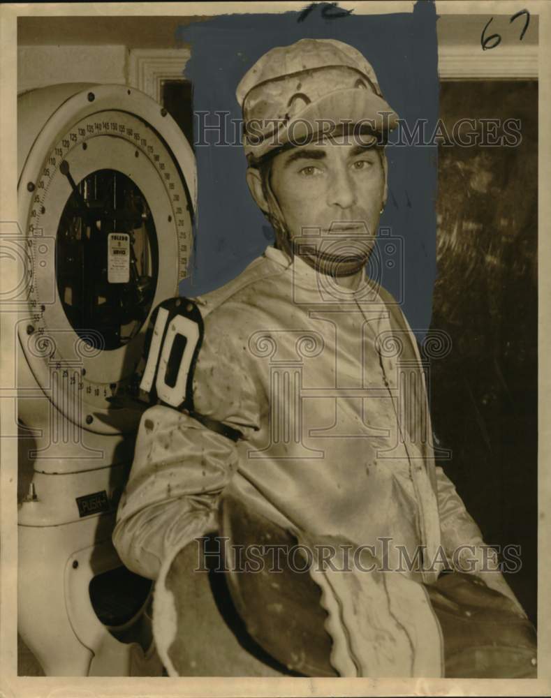 1969 Press Photo Jockey Frank Zehr at Fair Grounds on Weighing Scale - noo66830- Historic Images