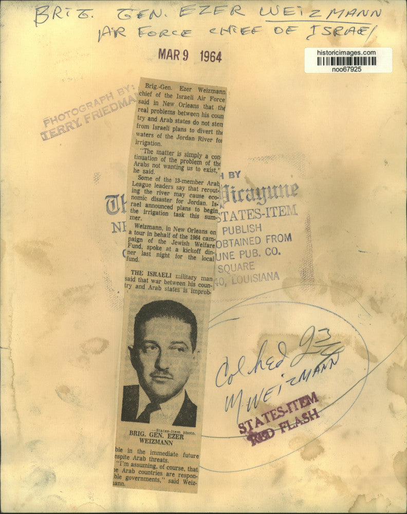 1964 Press Photo Brigadier General Ezer Weizmann, chief of Israeli Air Force