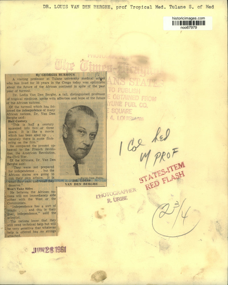 1961 Press Photo Dr. Lodia Van Den Berghe, professor of tropical medicine Tulane