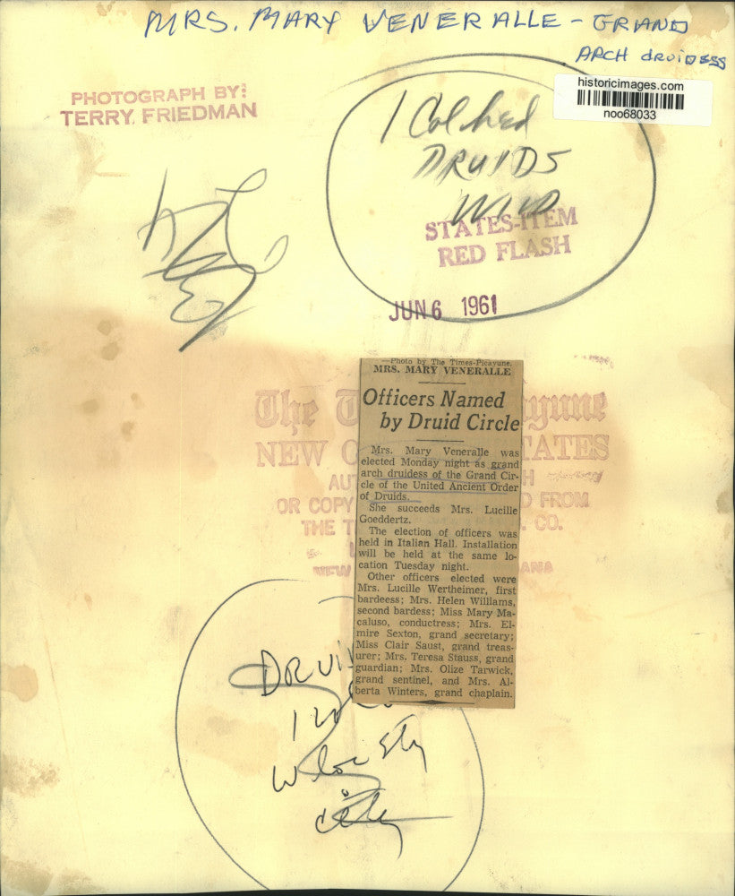 1961 Press Photo Grand Circle Ancient Order of Druids grand arch Mary Veneralle