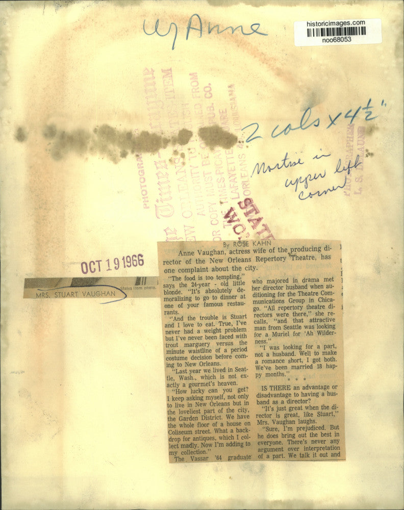 1966 Press Photo Anne Vaughan, Actress, Wife of New Orleans Theatre Director