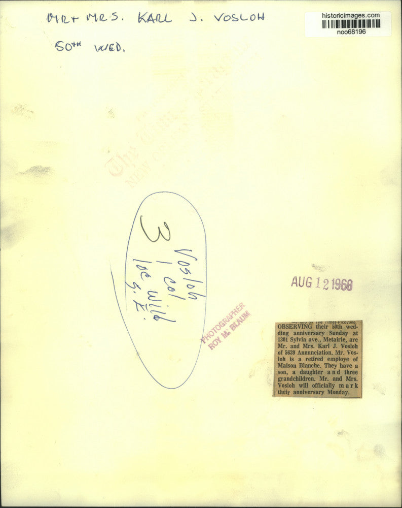 1968 Press Photo Mr. and Mrs. Karl Vosloh celebrate golden anniversary.