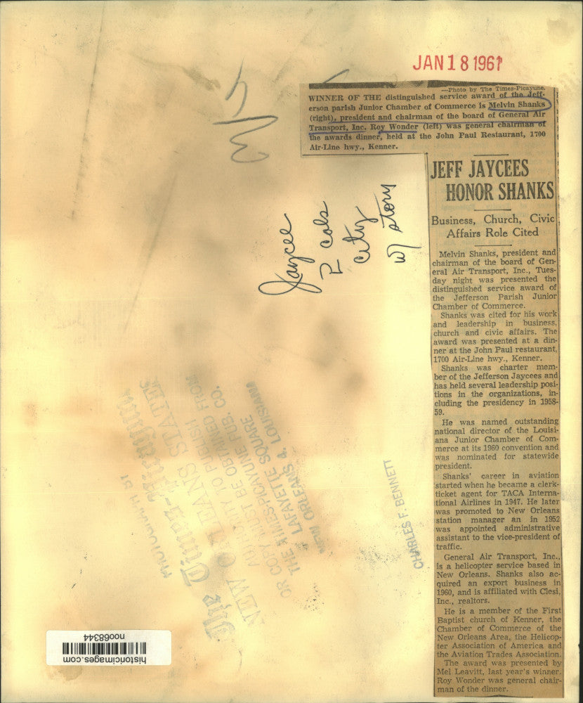 1961 Press Photo Jefferson Jaycees honored Melvin Shanks at John Paul's