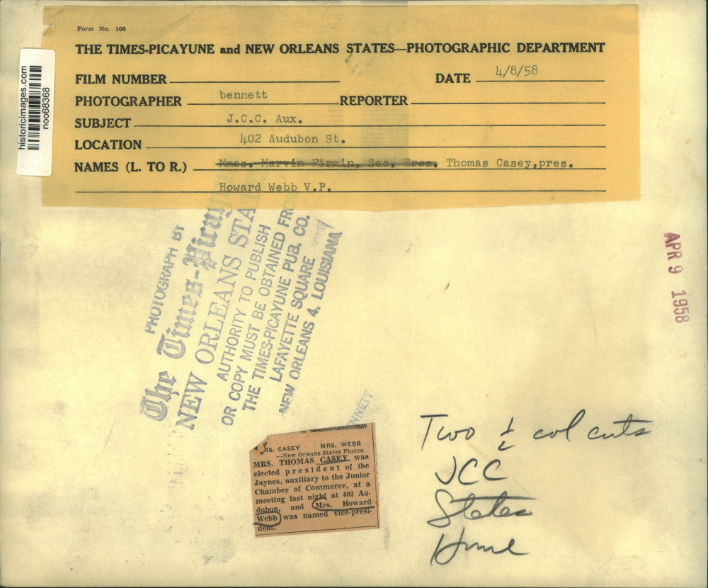 1958 Press Photo Mrs. Thomas Casey, Jaynes, Junior Chamber of Commerce Auxiliary