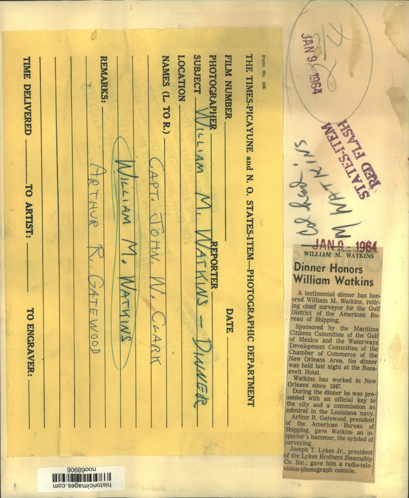 1964 Press Photo A testimonial dinner at The Roosevelt honored William Watkins.