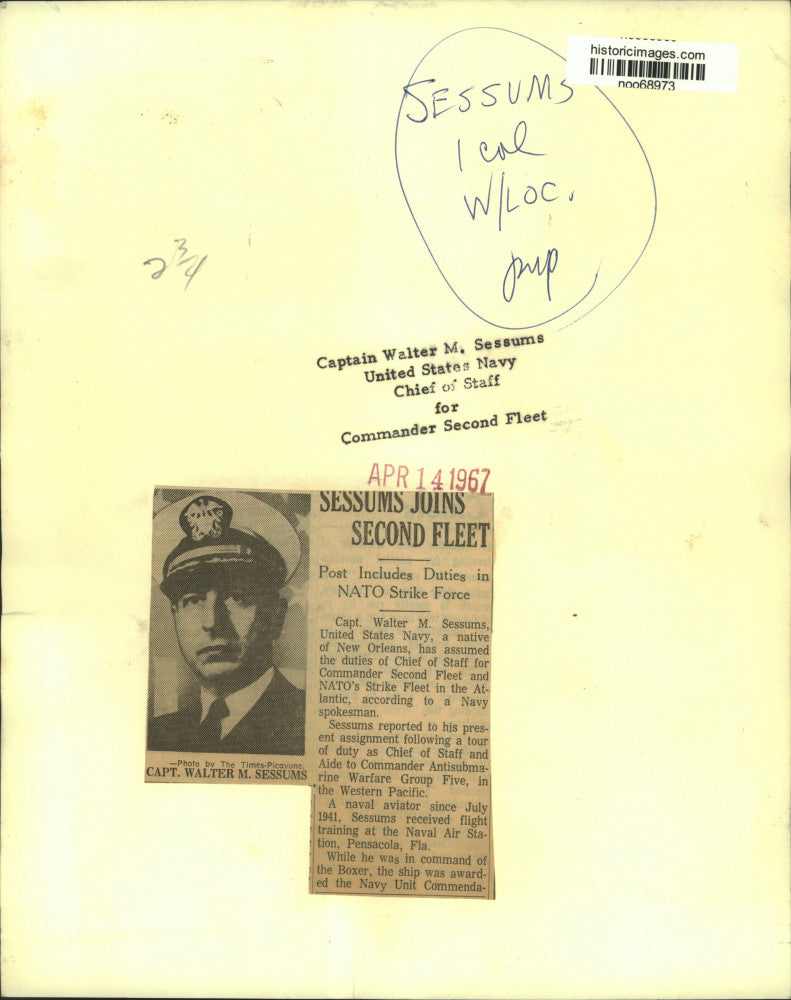 1967 Press Photo Captain Walter Sessums, Chief of Staff for Commander 2nd Fleet